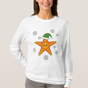 Kawaii Xmas Zeester op Blauw Buffel Patroon T-shirt