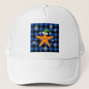 Kawaii Xmas Zeester op Blauw Buffel Patroon Trucker Pet