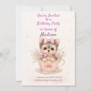 Kawaii Yorkie Teacup Meisje Verjaardagsuitnodiging Kaart