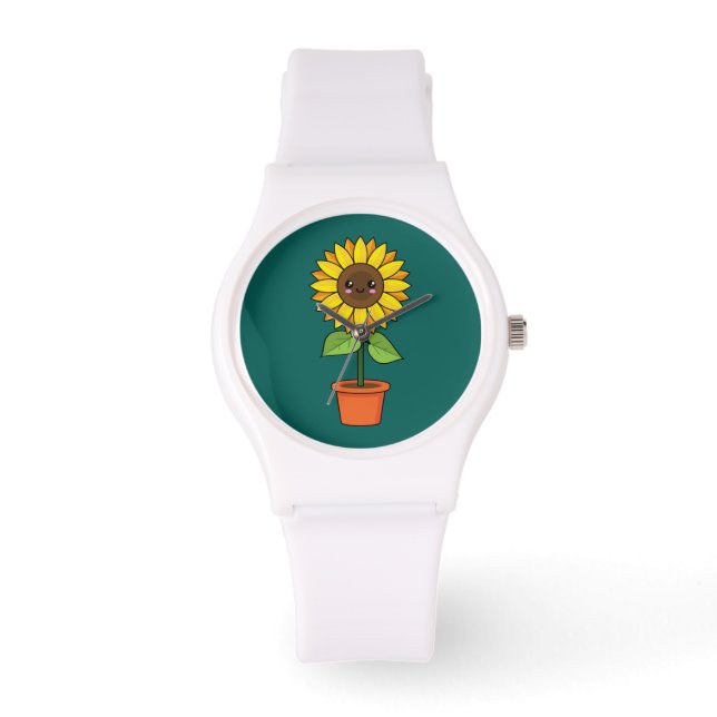 Kawaii Zonnebloem Plant in een pot Horloge (Voorkant)