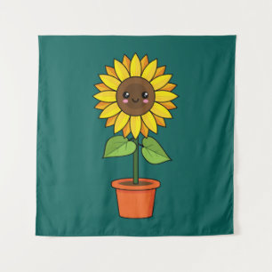 Kawaii Zonnebloem Plant in een pot Wandkleed