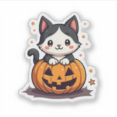 Kawaii Zwart & Witte Kitten – Halloween Chibi Sticker (Voorkant)