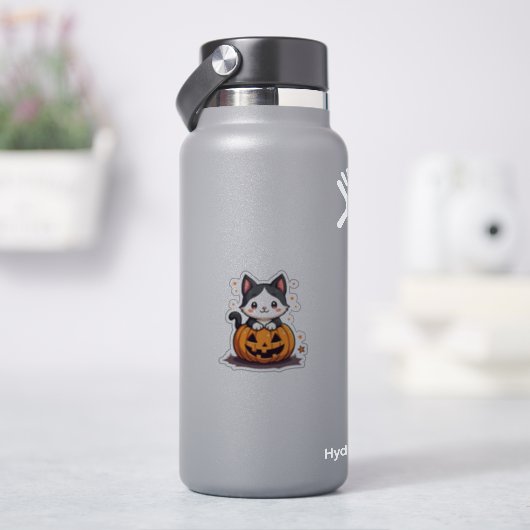 Kawaii Zwart & Witte Kitten – Halloween Chibi Sticker (HydroFlask)