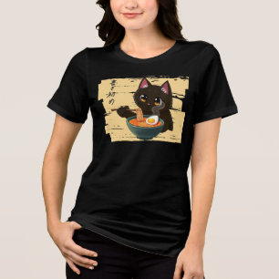 Kawaii Zwarte Kat Eet Ramen – Malse Japanse Eten Tri-Blend Shirt