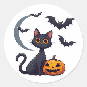 Kawaii Zwarte Kat En Vriendelijke Vleermuizen Hall Ronde Sticker