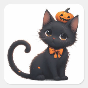 Kawaii Zwarte Kat Halloween 🎃 Vierkante Sticker