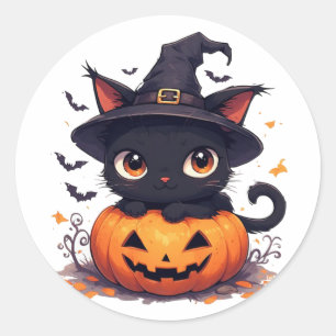 Kawaii Zwarte Kat Houdt Pompoen Halloween 🎃 Ronde Sticker