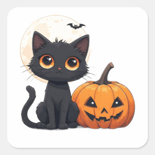 Kawaii Zwarte Kat Magie Halloween Thema 🎃 Vierkante Sticker