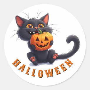 Kawaii Zwarte Kat Met Pompoentoren Halloween 🎃 Ronde Sticker