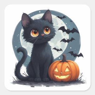 Kawaii Zwarte Kat Onder Volle Maan Halloween 🎃 Vierkante Sticker