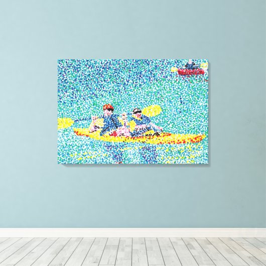 Kayak River Scene in Pointillism, gewatteerd Canva Canvas Afdruk (Insitu (Houten vloer))