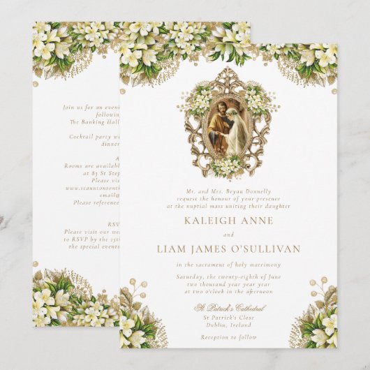 Kayleigh  White Floral katholieke bruiloft Kaart (Voorkant / Achterkant)