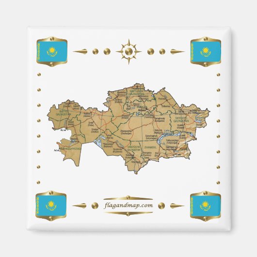 Kazachstan Map + Flags Magnet Magneet (Voorkant)