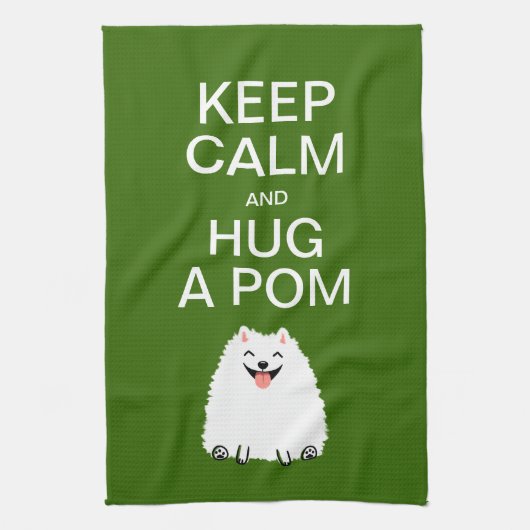 Keep Calm en Hug a Pom - Funny White Pommeren Theedoek (Verticaal)