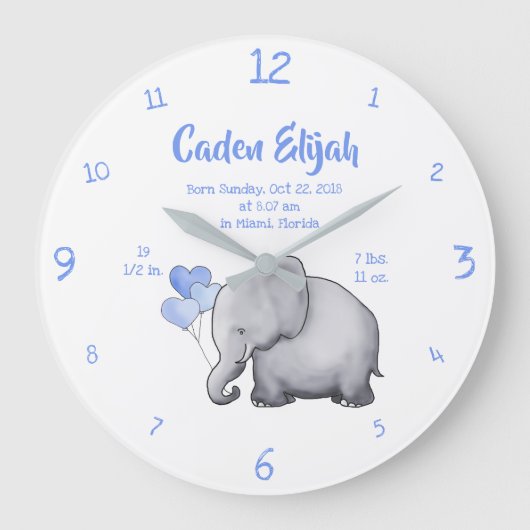 Keepomwille Baby Boy Birth Stat Elephant Nursery Grote Klok (Voorkant)