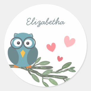 Keer Owl met eyeglasses op een takdouanenaam Ronde Sticker