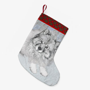 Keeshond Beth Painting - Cute Original Dog Art Kleine Kerstsok