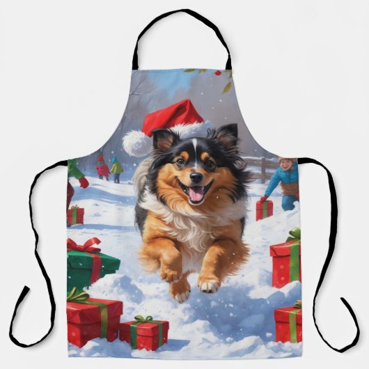 Keeshond Hond Hardlopen In Sneeuw Met Kerst Pet Schort (Voorkant)