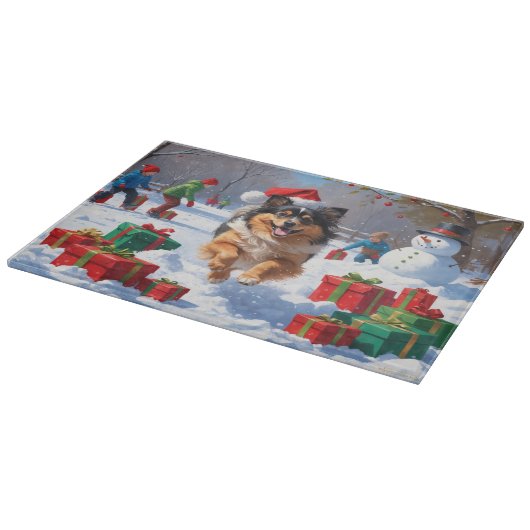 Keeshond Hond Hardlopen In Sneeuw Met Kerst Pet Snijplank (Hoek)