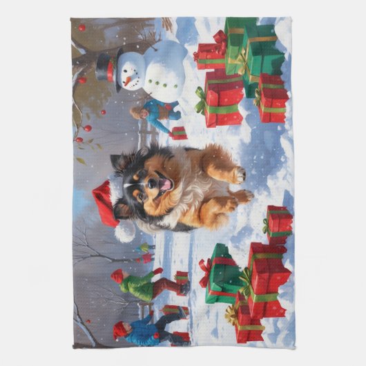 Keeshond Hond Hardlopen In Sneeuw Met Kerst Pet Theedoek (Verticaal)