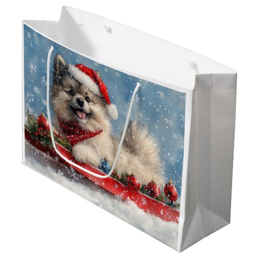 Keeshond Hond in Sledge Laat het Sneeuw Kerstmis Groot Cadeauzakje (Voorkant Gekanteld)