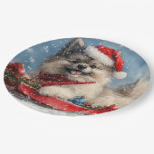 Keeshond Hond in Sledge Laat het Sneeuw Kerstmis Papieren Bordje (Gekanteld)