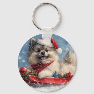 Keeshond Hond in Sledge Laat het Sneeuw Kerstmis Sleutelhanger