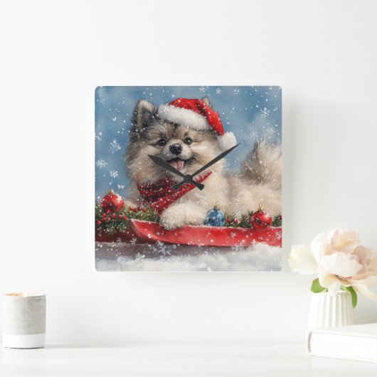 Keeshond Hond in Sledge Laat het Sneeuw Kerstmis Vierkante Klok (Huis)