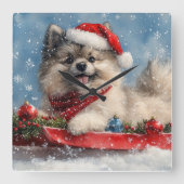 Keeshond Hond in Sledge Laat het Sneeuw Kerstmis Vierkante Klok (Voorkant)