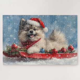 Keeshond-hond in slee Laat het sneeuwen Kerstmis Legpuzzel
