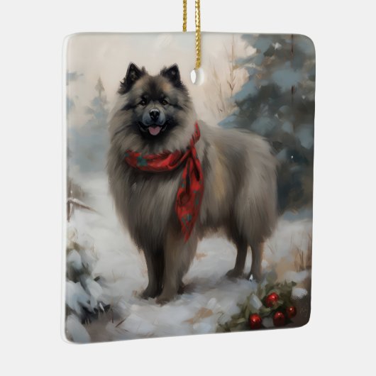 Keeshond Hond in Sneeuw Kerstmis Keramisch Ornament (Rechts)