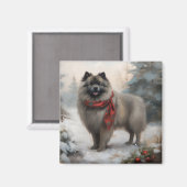 Keeshond Hond in Sneeuw Kerstmis Magneet (Voorkant / Achterkant)