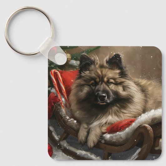 Keeshond Hond Kerstfeest Sleutelhanger (Voorkant)
