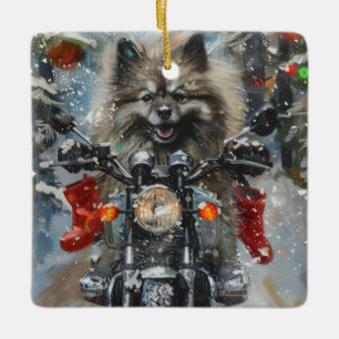 Keeshond Hond Rijden Motorfiets Kerstmis Keramisch Ornament