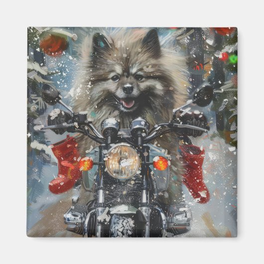 Keeshond Hond Rijden Motorfiets Kerstmis Magneet (Voorkant)
