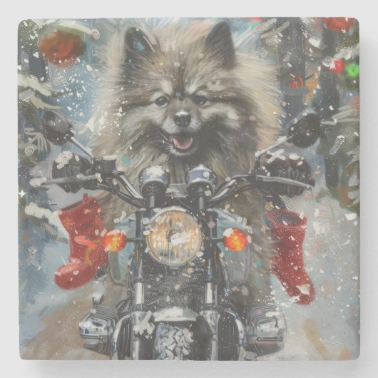 Keeshond Hond Rijden Motorfiets Kerstmis Stenen Onderzetter (Voorkant)