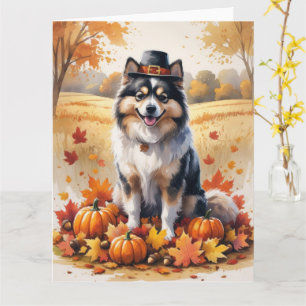 Keeshond in herfstbladeren Thanksgiving Kunst Kaart