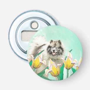 Keeshond in Tulips Painting Original Dog Art Button Flesopener