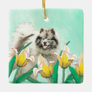 Keeshond in Tulips Painting Original Dog Art Keramisch Ornament