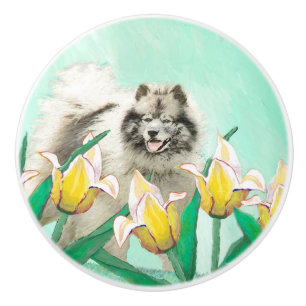 Keeshond in Tulips Painting Original Dog Art Keramische Knop