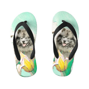 Keeshond in Tulips Painting Original Dog Art Kinder Teenslippers