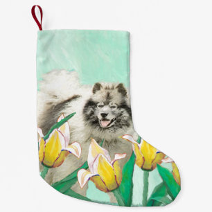 Keeshond in Tulips Painting Original Dog Art Kleine Kerstsok