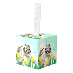 Keeshond in Tulips Painting Original Dog Art Kubus Ornament