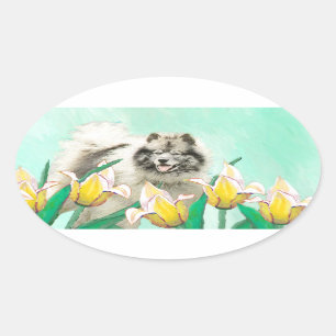 Keeshond in Tulips Painting Original Dog Art Ovale Sticker