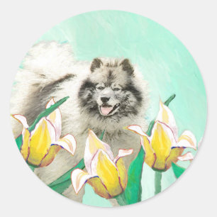 Keeshond in Tulips Painting Original Dog Art Ronde Sticker