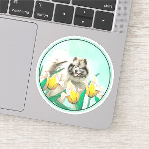 Keeshond in Tulips Painting Original Dog Art Sticker