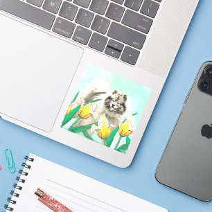 Keeshond in Tulips Painting Original Dog Art Sticker