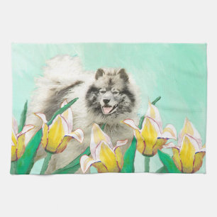 Keeshond in Tulips Painting Original Dog Art Theedoek