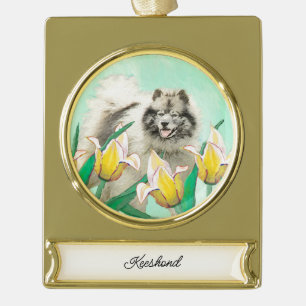 Keeshond in Tulips Painting Original Dog Art Verguld Banner Ornament