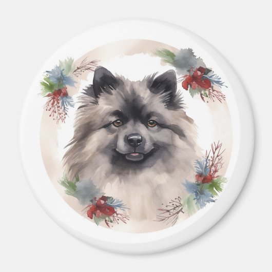 Keeshond Kerstkrans Feestelijke Pup Magneet (Voorkant)